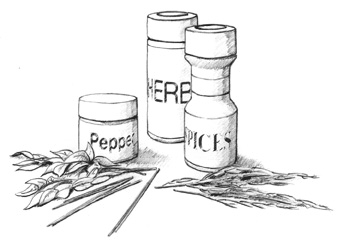 Drawing of herbs and spices. Three bottles are labeled 