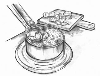 Ilustración de papas cortadas en cubo hirviendo en una olla. Detrás de la olla hay una papa cortada en cubos en una tabla de picar.