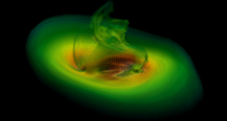 image of a computer simulation showing merging black holes
