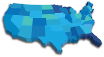 A blue map of Continental United States, with each state a varying shade of blue