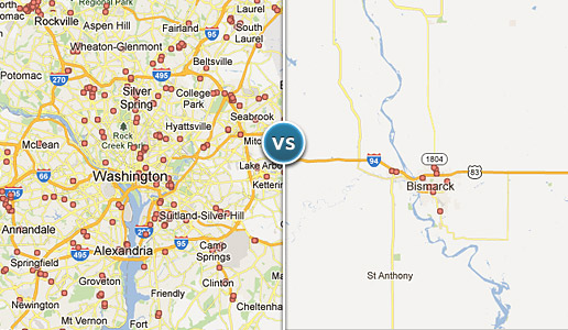 Comparing two illustrations: one depicting dense clusters of hospitals around the Washington, D.C. metro area versus another illustrating a much less dense cluster in Bismark, ND.