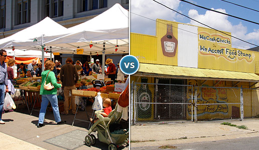 Comparing two photos: one of a busy farmer's market versus another of a vacant and dilapitated store.