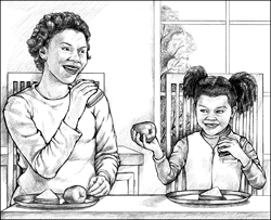Una madre e hija ambas comiendo sanduches y frutas en la mesa de cocina