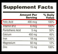 Mira la etiqueta de los alimentos para ver si contiene ácido fólico.