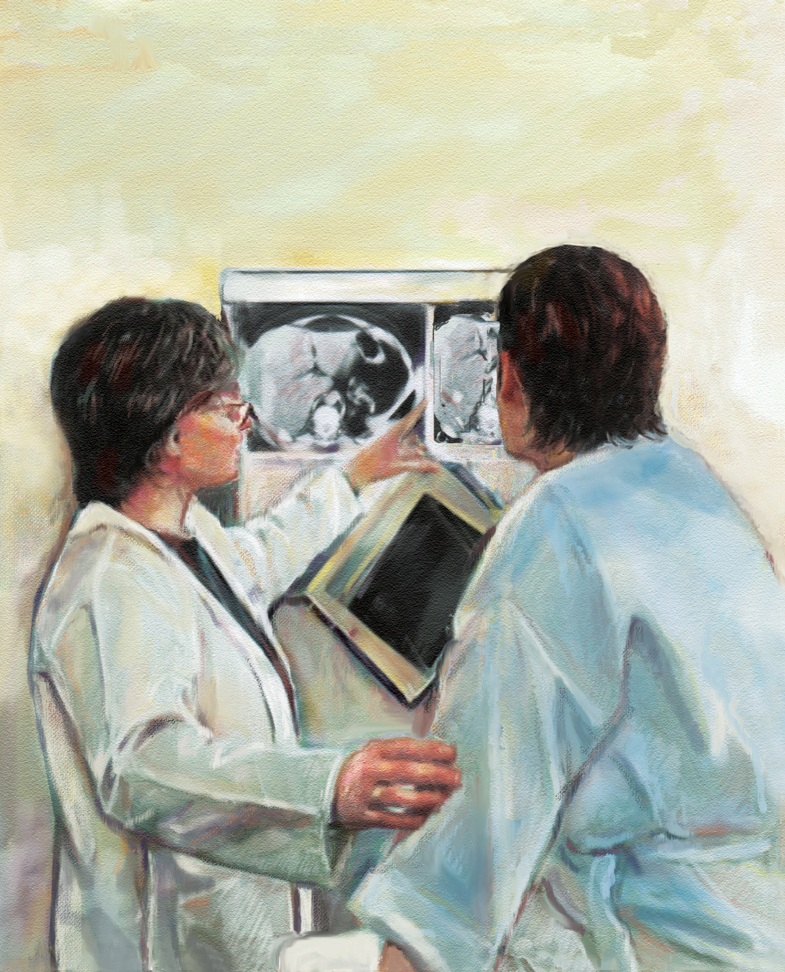 Drawing of a doctor pointing to an x-ray of a liver on the wall and explaining the x-ray to a patient seated on an examination table. Both the doctor and patient are looking at the x-ray.