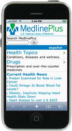 The Mobile MedlinePlus homepage on an iPhone