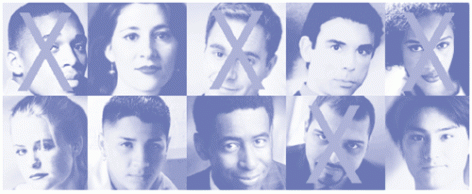 Imagen de diez rostros con una “X” en el rostro de cuatro personas. 