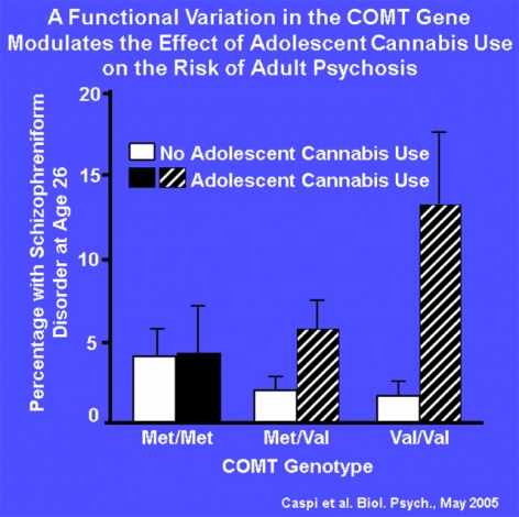 A Functional Variation in the COMT Gene Modulates the Effect of Adolescent Cannabis Use on the Risk of Adult Psychosis graph