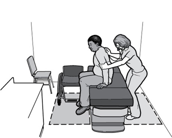 Illustration of patient sitting on adjustable height exam table next to a nurse performing an exam.  A wheelchair is parked beside the exam table.