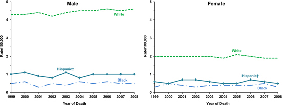 Line charts showing the changes in melanoma of the skin death rates for males and females of various races and ethnicities.