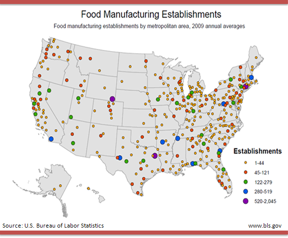 Food manufacturing establishments by metropolitan area, 2009 annual averages