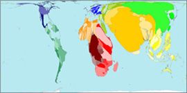 Description: Map shows countries resized relative to undernourished population--where the undernourished live.  Click to see larger image.  Image courtesy of Worldmapper, 2009
