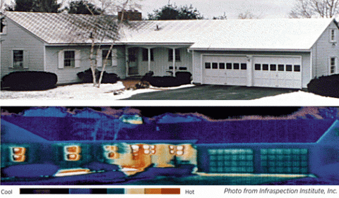 A thermal image—taken by a professional energy auditor—shows warm air escaping through windows and cracks. 