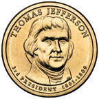 Image of Presidential $1 coin shows Thomas Jefferson, his name, and the dates he held office: 1801 to 1809.