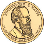 Front of coin shows a bust of Rutherford B. Hayes, 19th president, 1877 to 1881.