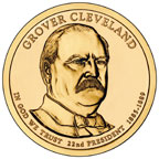 Front of coin shows a bust of Grover Cleveland, 22th president, 1885 to 1889.