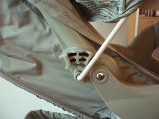 This hinge can cut or amputate a fingertip when the canopy on the stroller is opened or closed.