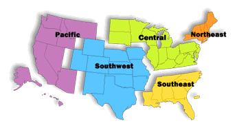 The map shows all five FDA regions and the states that lie within each region.
            Pacific: Washington, Oregon, California, Idaho, Montana, Nevada, Arizona, Alaska, Hawaii
            Southwest: Wyoming, Utah, Colorado, New Mexico, Texas, Oklahoma, Kansas, Nebraska, Iowa, Missouri, Arkansas
            Central: North Dakota, South Dakota, Minnesota, Michigan, Wisconsin, Illinois, Indiana, Ohio, Kentucky, Virginia, West Virginia, Maryland, District of Columbia, Delaware, Pennsylvania, New Jersey
            Southeast: Florida, Louisiana, Mississippi, Alabama, Georgia, South Carolina, North Carolina, Tennessee, Puerto Rico
            Northeast: Maine, New Hampshire, Vermont, Massachusetts, Rhode Island, Connecticut, New York