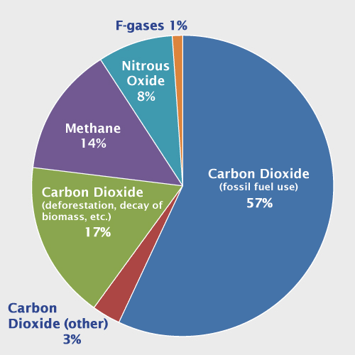 Pie chart that shows different types of gases. 57 percent is from carbon dioxide fossil fuel use. 17 percent is from carbon dioxide deforestation, decay of biomass, etc. 3 percent is from other carbon dioxide sources. 14 percent is from methane. 8 percent is from nitrous oxide and 1 percent is from fluorinated gases.