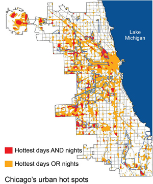 Map of Chicago that shows Chicago's urban hot spots. Orange coloring represents the hottest days OR nights. Red represents the hottest days AND nights. The middle portion of the map and a small area in the northwest have the highest concentration of both orange and red shading.
