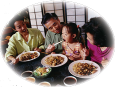 An image of family - eating foods on dinner table