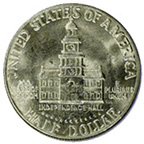 Image shows Independence Hall on the back of the bicentennial half dollar.