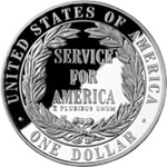 Image shows the back of the National Community Service dollar.