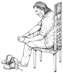 Ilustración de un hombre que se ha sacado los zapatos y esta sentando en una silla. Usando sus manos, se coge un pie y se revisa la planta del pie.
