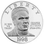 Image shows 1998 Black Revolutionary War Patriots silver dollar