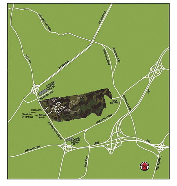 This map shows the White Oak Campus and surrounding vacinity.