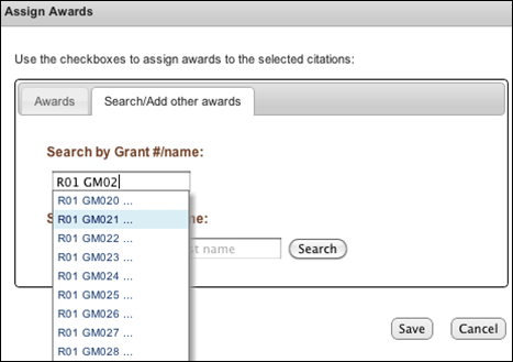 Screen capture of Auto-complete in Assign Awards window
