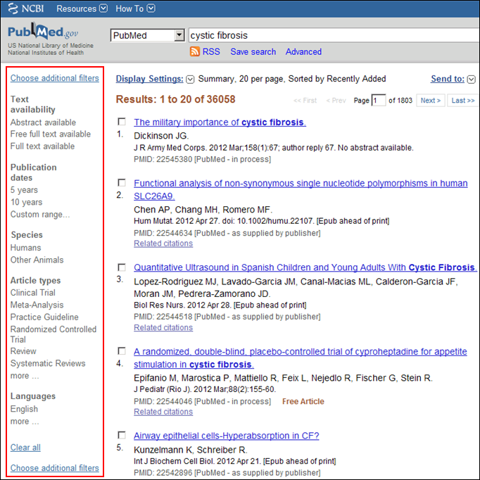 Screen capture of PubMed results with default filter sidebar options