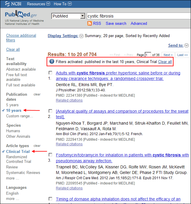 Screen capture of PubMed cystic fibrosis results filtered by the last 10 years publication date and Clinical Trial