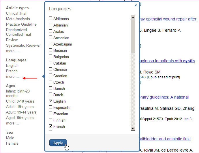 Screen capture of Filters sidebar “more …” pop-up selection box with languages selected