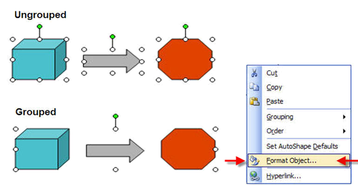 There are five images grouped together in this picture. The first grouping is an illustration that is ungrouped of three images: a blue square, a gray arrow and a red hexagon. The fourth image is a grouped object of the same three images: blue box, gray arrow and red hexagon. The fifth image is the formatting menu with Format Object selected.
