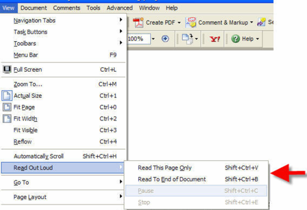 Screen capture of the selection process for the Read Out Loud screen reader. A red arrow points to the reading options. Read this page only is selected by Shift + Control + V. The read to end of document choice is selected by Shift + Control + B.