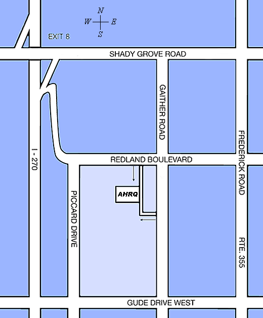 Map to AHRQ building at 540 Gaither Road, Rockville MD