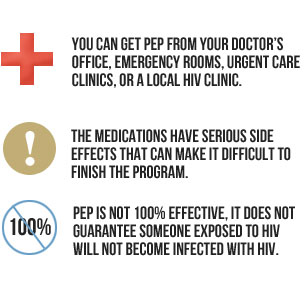 You can get PEP from your doctor's office, emergency rooms, urgent care clinics, or a local HIV clinic. The medications have serious side effects that can make it difficult to finish the program. PEP is not 100 percent effective, it does guarantee someone exposed to HIV will not become infected with HIV.