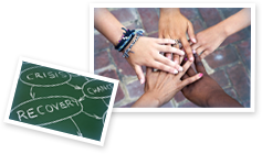 This image is a collage of 2 images. The first is of a flow diagram displaying the relation between crisis, recovery, and change. The second image shows five hands on top of each other to convey team unity.
