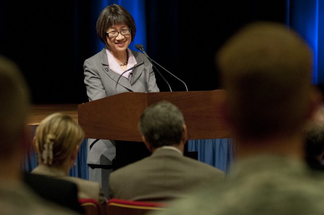 Assistant Secretary of the Army for Acquisition, Logistics, and Technology Heidi Shyu addresses the audience following her swearing in by Under Secretary of the Army Joseph W. Westphal, Oct. 4, 2012, at the Pentagon.