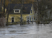 House surrounded by trees and floodwater