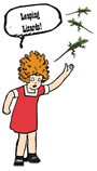 Cartoon character Little Orphan Annie with leaping lizards