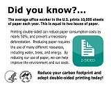 Did you know?  The average office worker in the U.S. prints 10,000 sheets of paper each year. This is equal to two boxes of paper.  Printing double-sided can reduce paper consumption costs by nearly 50% and prevent unnecessary deforestation.  Producing paper requires the use of many different resources, including water, trees, and energy.  By reducing our use of paper, we can help improve the environment and cut costs.  Reduce your carbon footprint and adopt double-sided printing today!