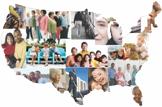 Collage of people over the map of the United States