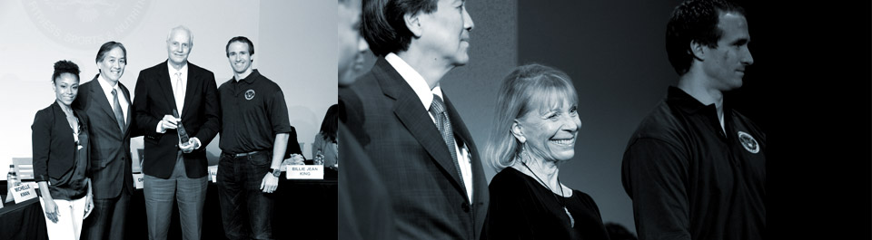 Photo of the 2012 Council Award recipients and photo of the 2012 Council Award recipients with Dominique Dawes and Drew Brees