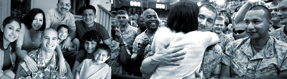 Photo of a military family sitting on porch steps and photo of a military wife welcoming her husband home from deployment