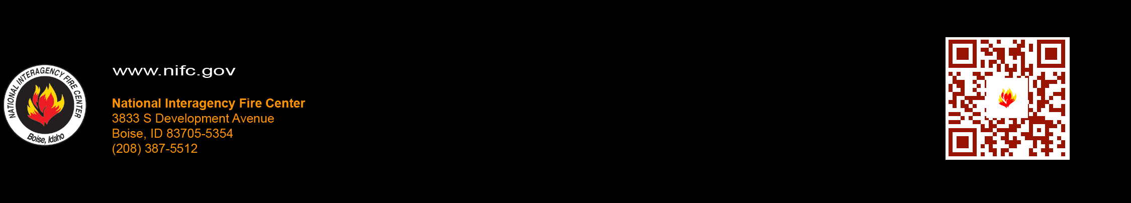 Footer and text: www.nifc.gov National Interagency Fire Center, 3833 Development Avenue, Boise, Idaho, 83705-5354, phone area code 208 387-5512