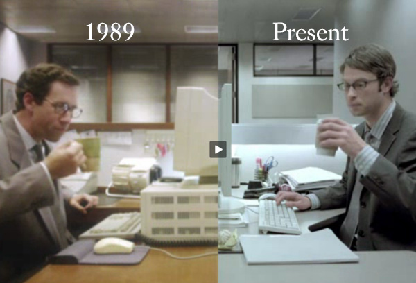 Office workers sipping coffee at their desks  in the years 1989 and Present day.