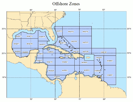 [map of Offshore Zones Forecast areas of responsibility]