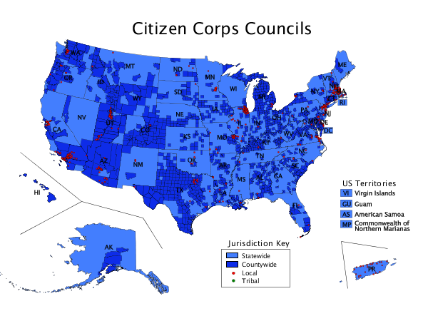 Map of the United States with councils or partners color-coded